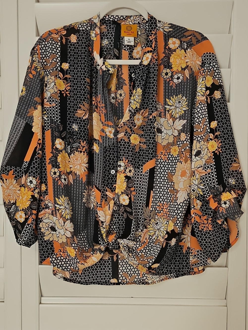 Ruby Rd. Black Floral Button-Front Blouse with Orange & Yellow Accents